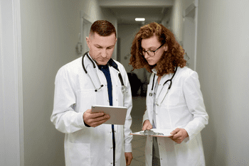 два врача смотрят в планшет